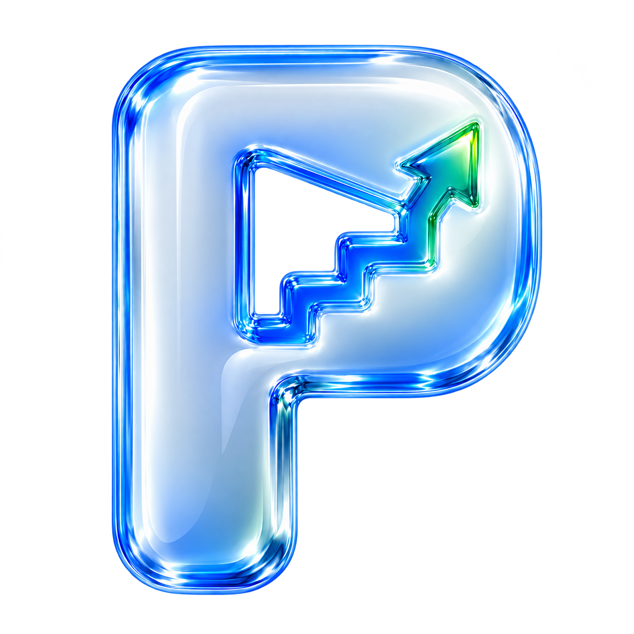 POLYSCAM glass P logo with a rising staircase arrow